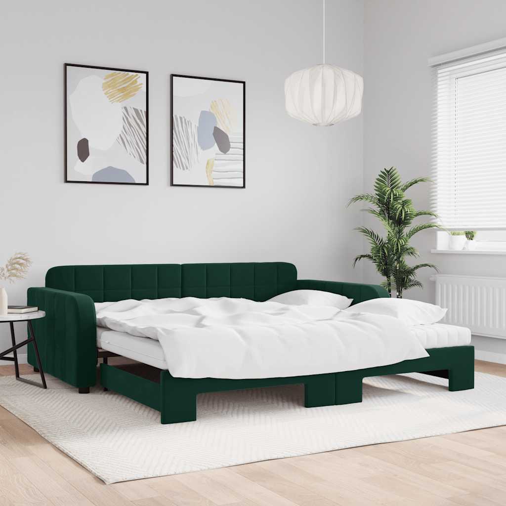 vidaXL Sofa rozsuwana z materacami, ciemnozielona, 100x200 cm, aksamit