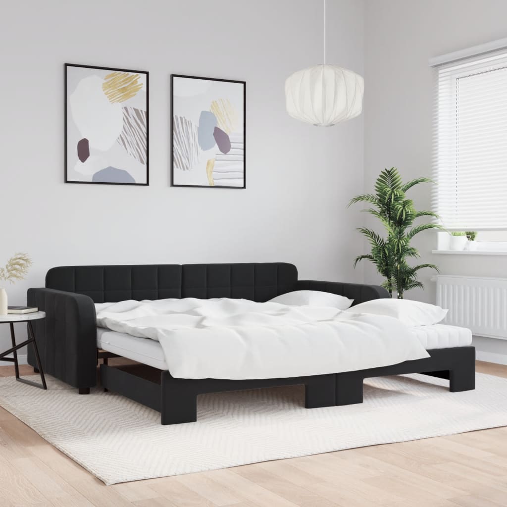 vidaXL Sofa rozsuwana z materacami, czarna, 100x200 cm, aksamit