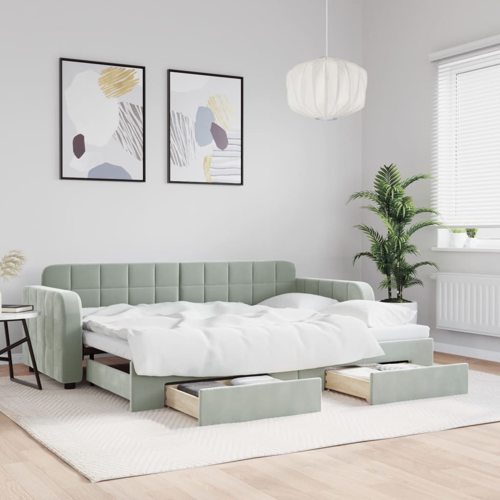 vidaXL Sofa rozsuwana z szufladami, jasnoszara, 80x200 cm, aksamit