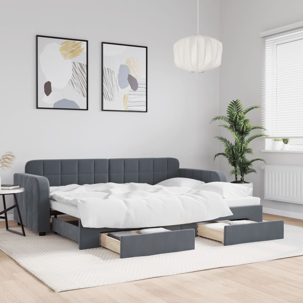 vidaXL Sofa rozsuwana z szufladami, ciemnoszara, 80x200 cm, aksamit
