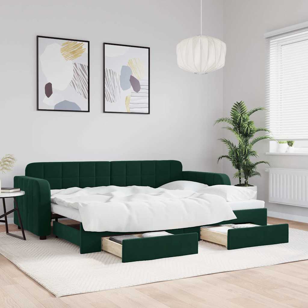 vidaXL Sofa rozsuwana z szufladami, ciemnozielona, 80x200 cm, aksamit
