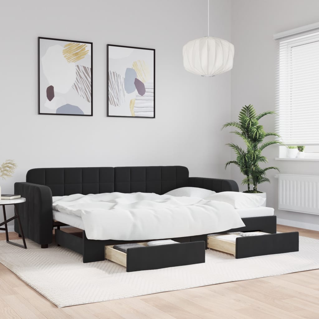 vidaXL Sofa rozsuwana z szufladami, czarna, 80x200 cm, aksamit