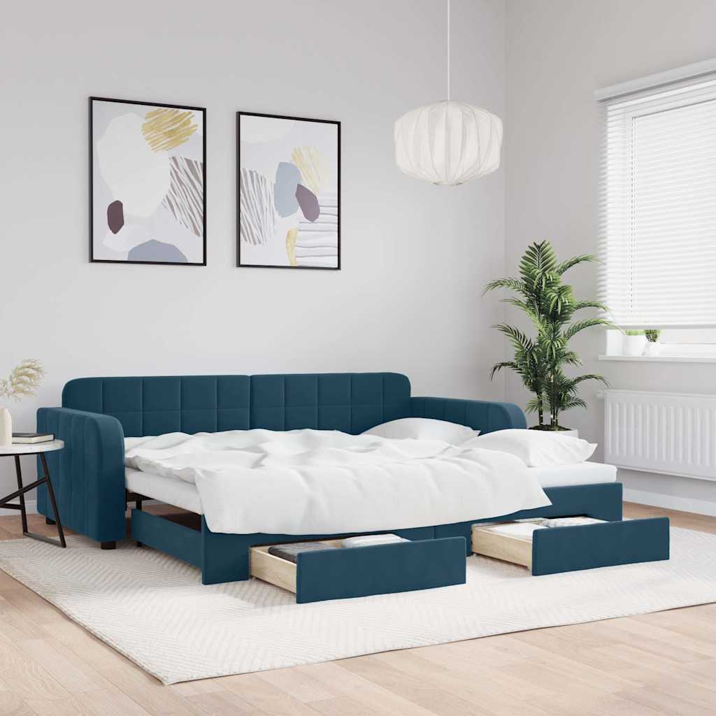vidaXL Sofa rozsuwana z szufladami, niebieska, 90x200 cm, aksamit