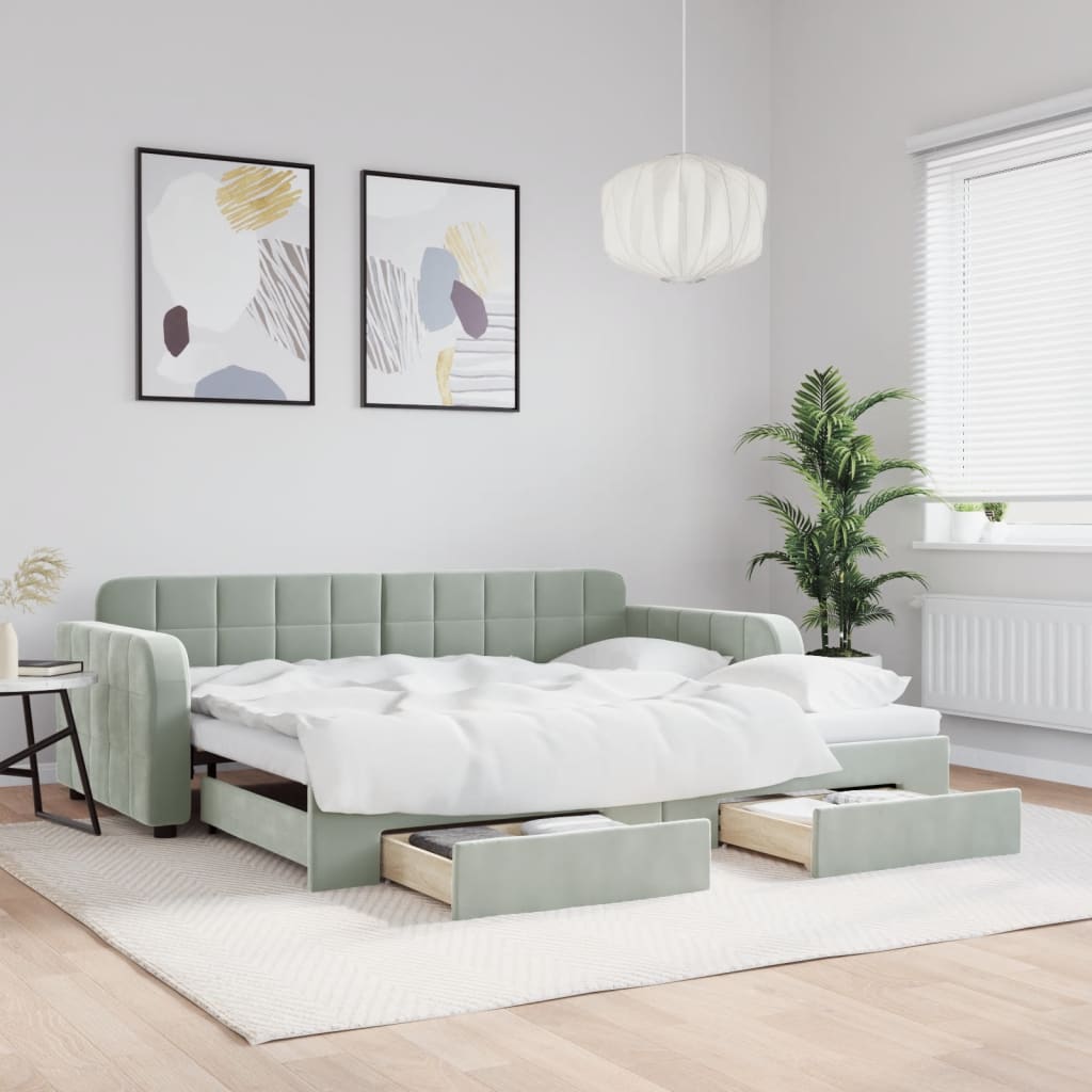 vidaXL Sofa rozsuwana z szufladami, jasnoszara, 90x200 cm, aksamit