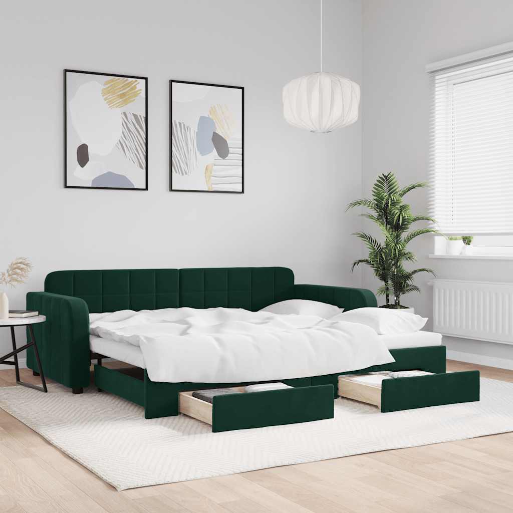 vidaXL Sofa rozsuwana z szufladami, ciemnozielona, 90x200 cm, aksamit