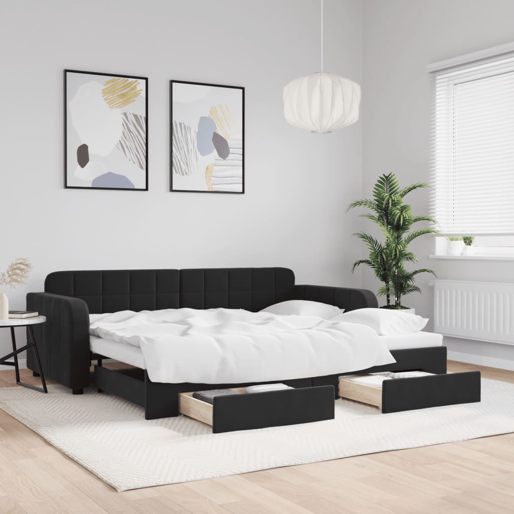 vidaXL Sofa rozsuwana z szufladami, czarna, 90x200 cm, aksamit