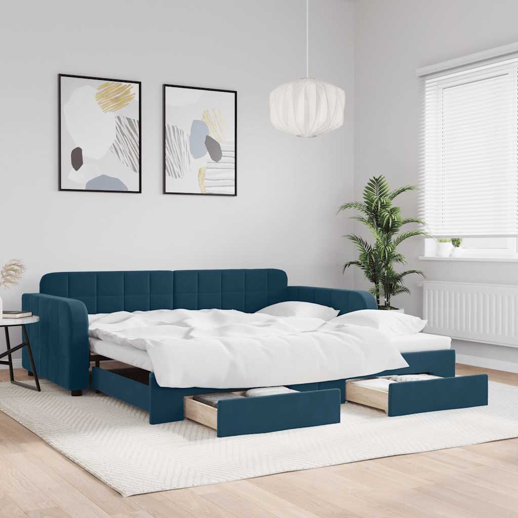 vidaXL Sofa rozsuwana z szufladami, niebieska, 100x200 cm, aksamit