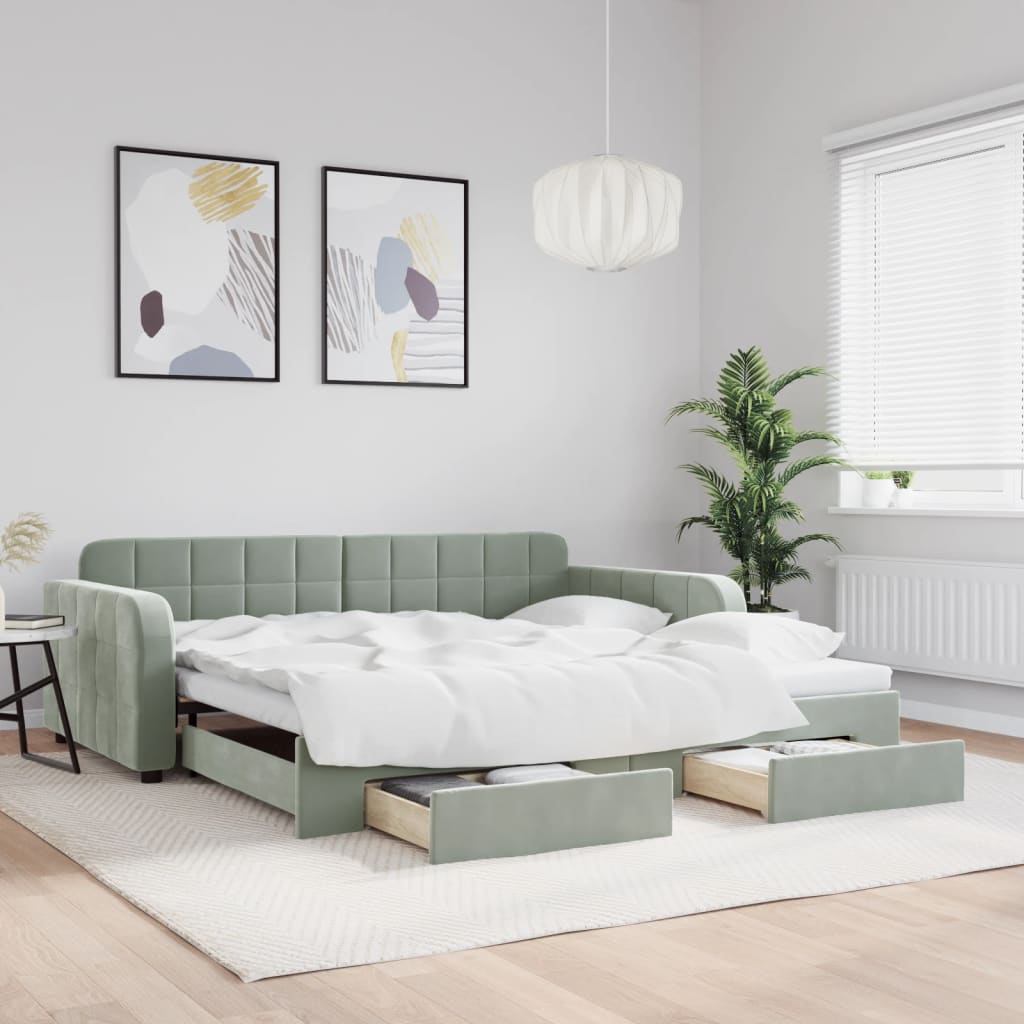 vidaXL Sofa rozsuwana z szufladami, jasnoszara, 100x200 cm, aksamit