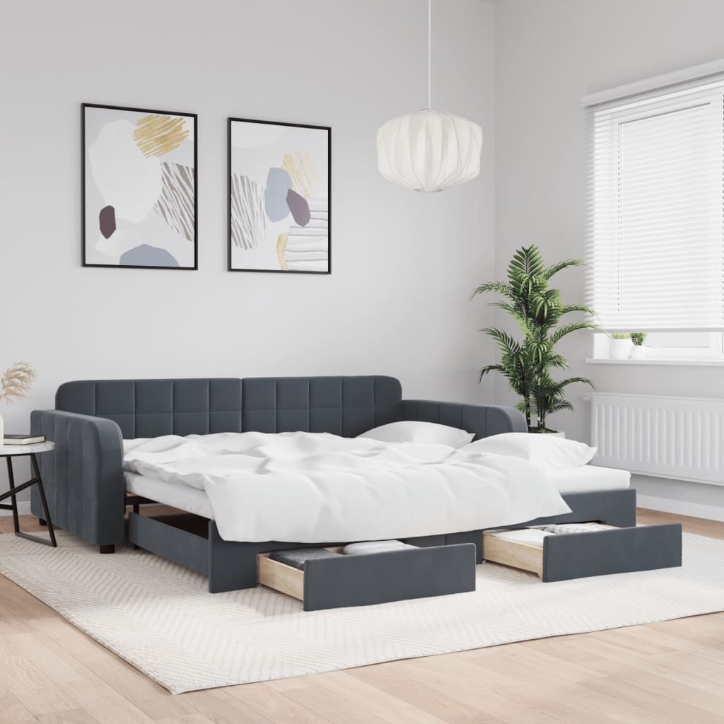 vidaXL Sofa rozsuwana z szufladami, ciemnoszara, 100x200 cm, aksamit