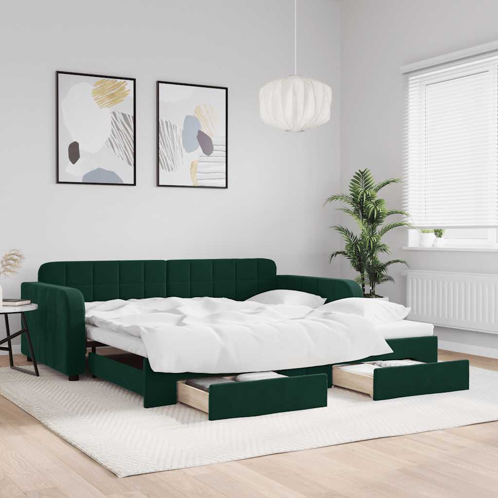 vidaXL Sofa rozsuwana z szufladami, ciemnozielona, 100x200 cm, aksamit