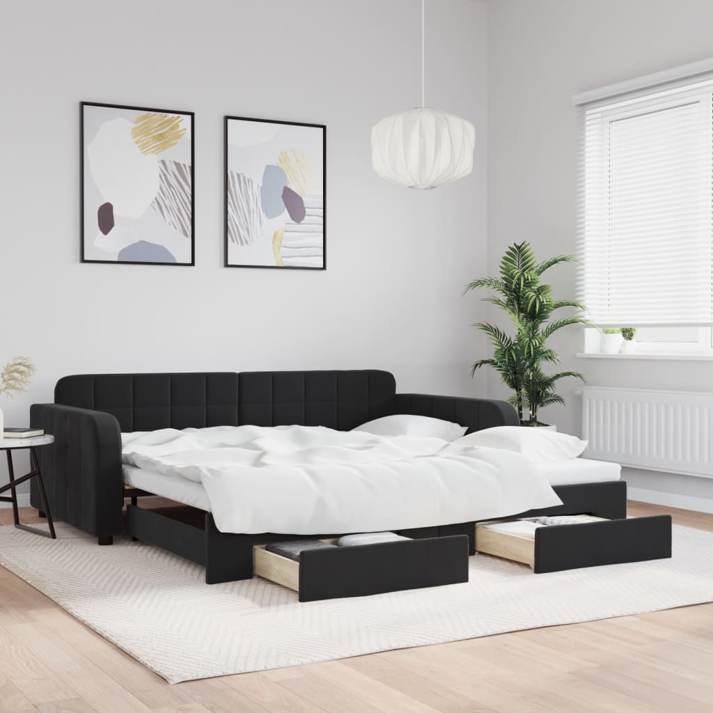vidaXL Sofa rozsuwana z szufladami, czarna, 100x200 cm, aksamit