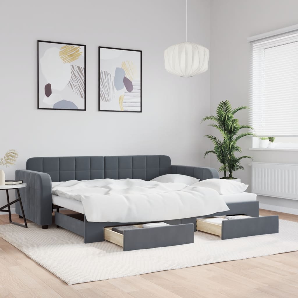 vidaXL Sofa rozsuwana z szufladami, ciemnoszara, 90x190 cm, aksamit