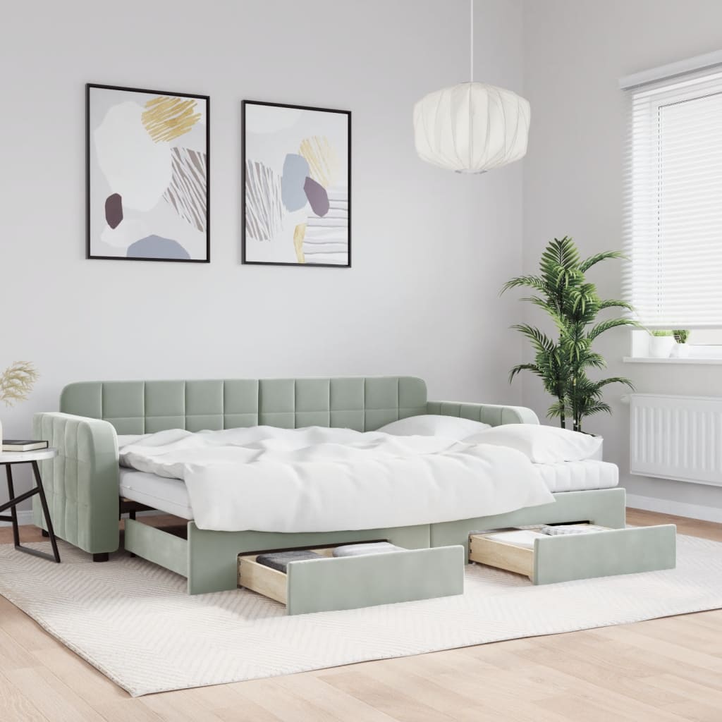 vidaXL Sofa rozsuwana z szufladami, jasnoszara, 80x200 cm, aksamit