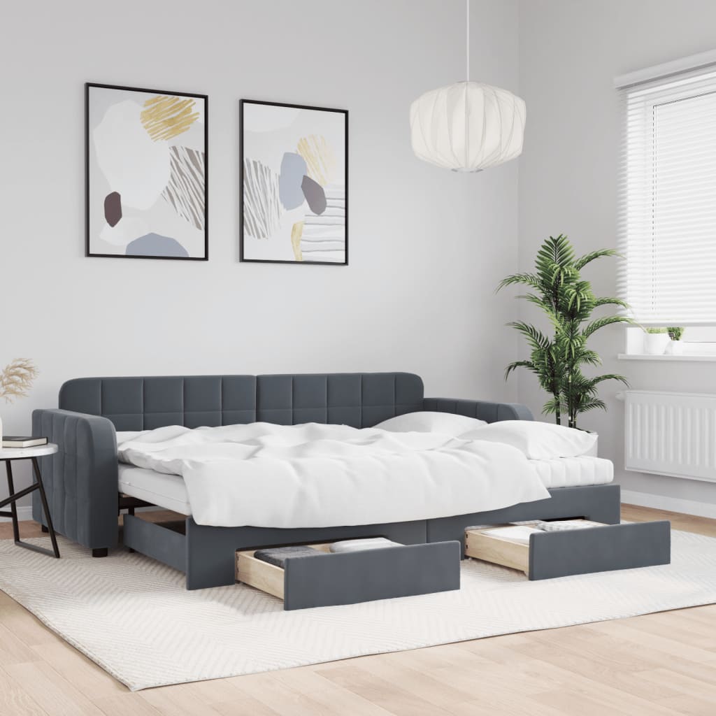 vidaXL Sofa rozsuwana z szufladami, ciemnoszara, 80x200 cm, aksamit