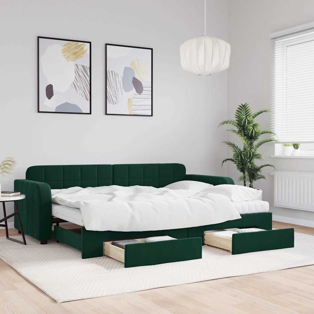 vidaXL Sofa rozsuwana z szufladami, ciemnozielona, 80x200 cm, aksamit