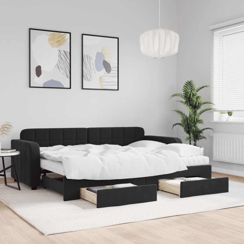 vidaXL Sofa rozsuwana z szufladami, czarna, 80x200 cm, aksamit