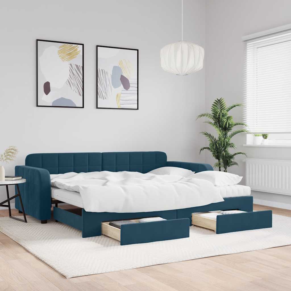 vidaXL Sofa rozsuwana z szufladami, niebieska, 90x200 cm, aksamit