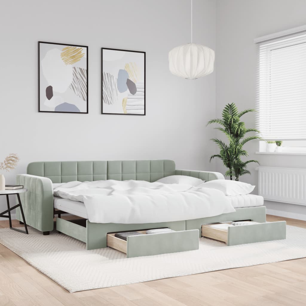 vidaXL Sofa rozsuwana z szufladami, jasnoszara, 90x200 cm, aksamit