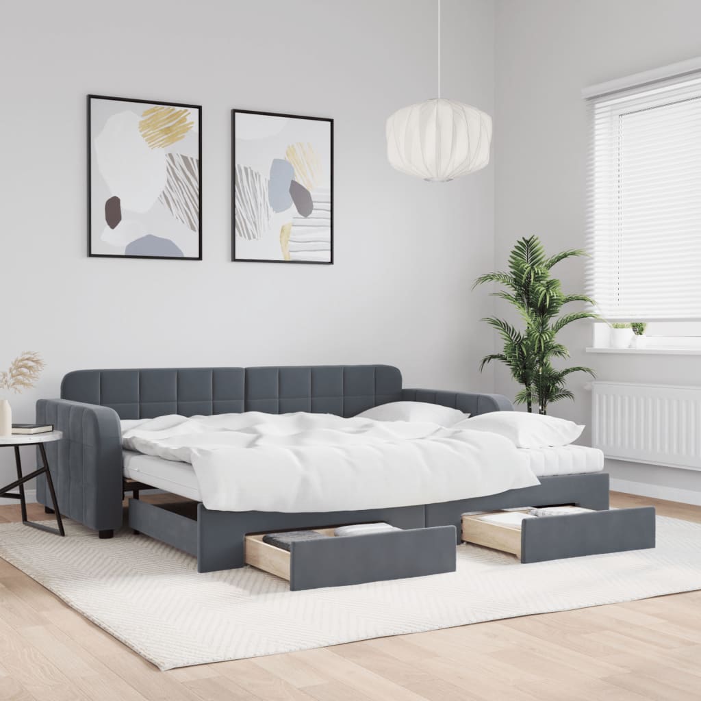 vidaXL Sofa rozsuwana z szufladami, ciemnoszara, 90x200 cm, aksamit