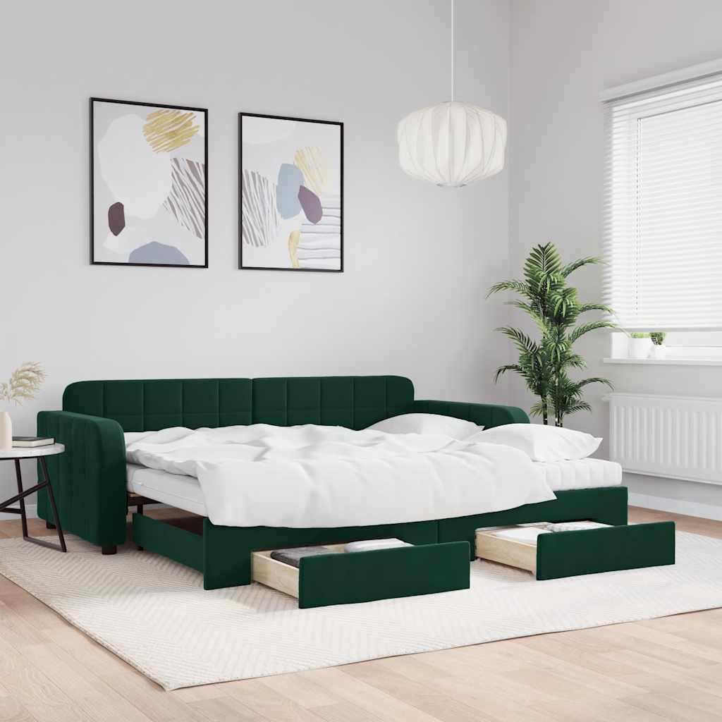 vidaXL Sofa rozsuwana z szufladami, ciemnozielona, 90x200 cm, aksamit