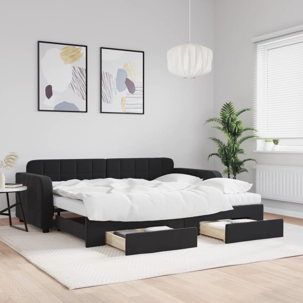 vidaXL Sofa rozsuwana z szufladami, czarna, 90x200 cm, aksamit
