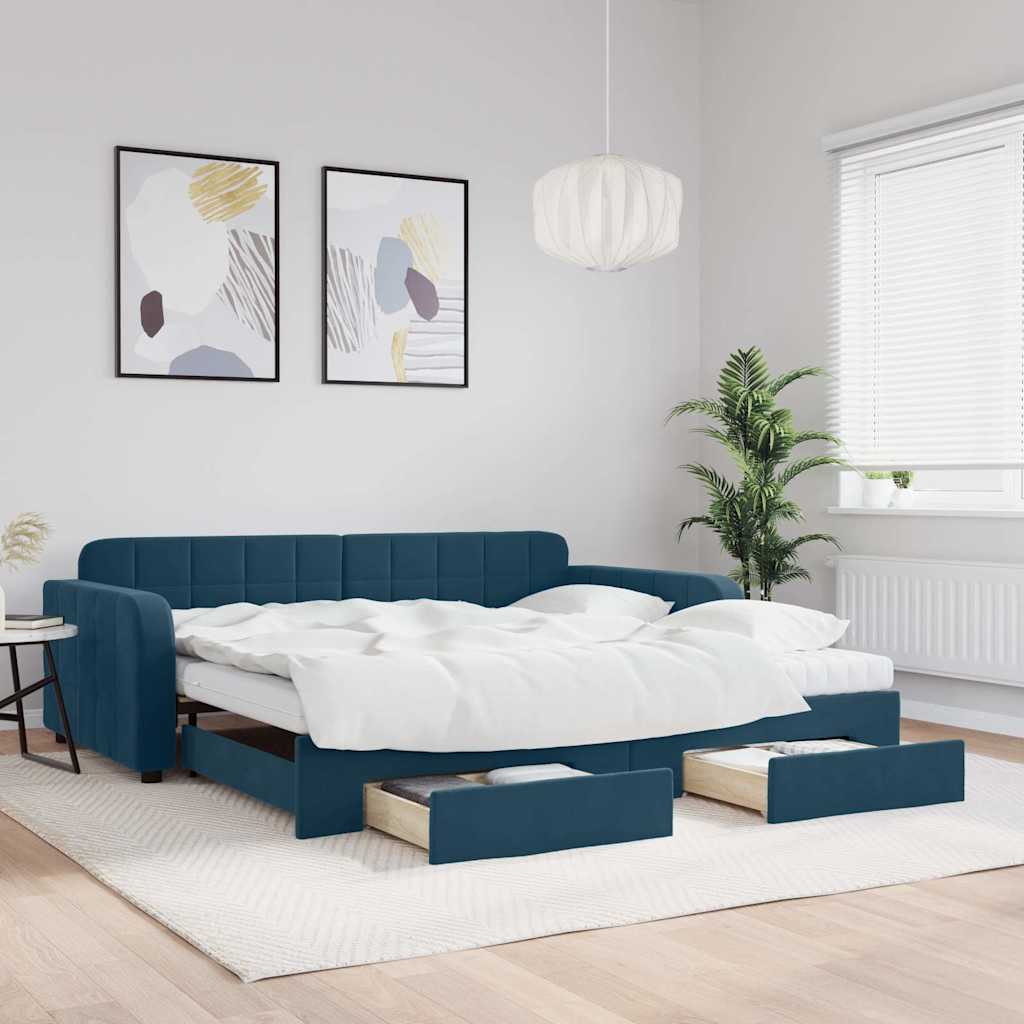 vidaXL Sofa rozsuwana z szufladami, niebieska, 100x200 cm, aksamit