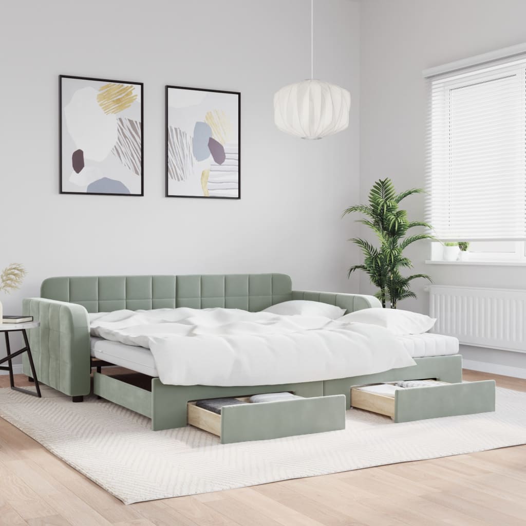 vidaXL Sofa rozsuwana z szufladami, jasnoszara, 100x200 cm, aksamit