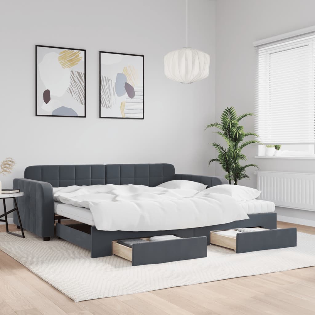 vidaXL Sofa rozsuwana z szufladami, ciemnoszara, 100x200 cm, aksamit