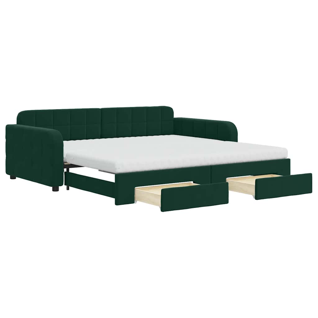 vidaXL Sofa rozsuwana z szufladami, ciemnozielona, 100x200 cm, aksamit