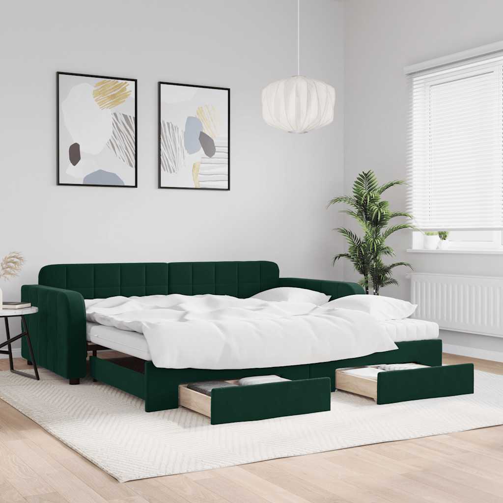 vidaXL Sofa rozsuwana z szufladami, ciemnozielona, 100x200 cm, aksamit