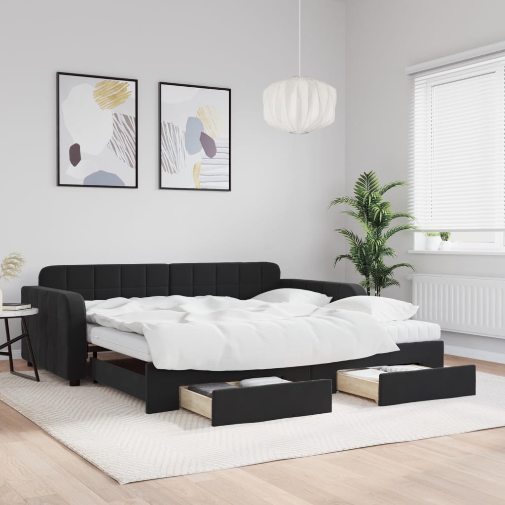 vidaXL Sofa rozsuwana z szufladami, czarna, 100x200 cm, aksamit