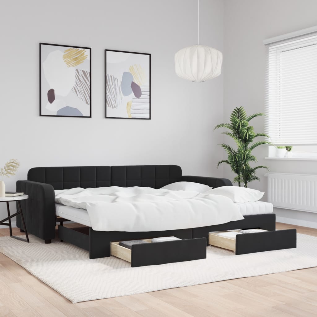 vidaXL Sofa rozsuwana z szufladami, czarna, 90x190 cm, aksamit
