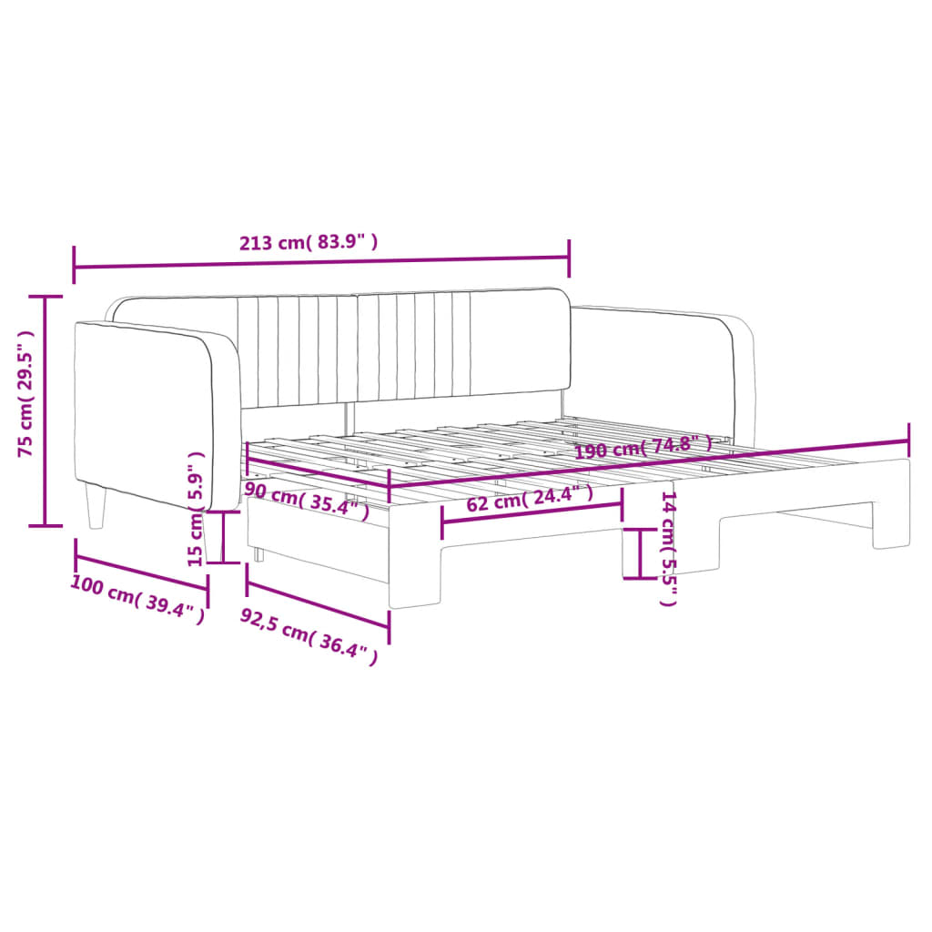 vidaXL Sofa rozsuwana, ciemnoszara, 90x190 cm, aksamit
