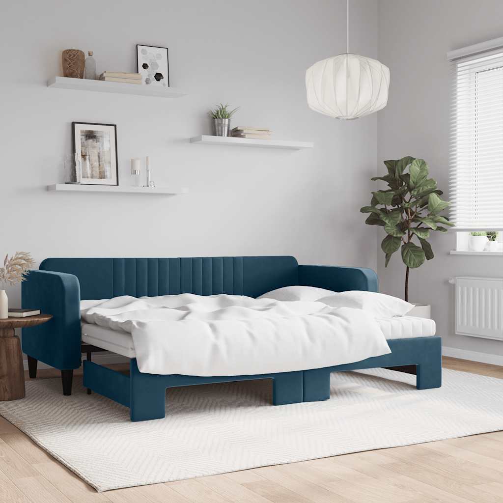 vidaXL Sofa rozsuwana z materacami, niebieska, 80x200 cm, aksamit