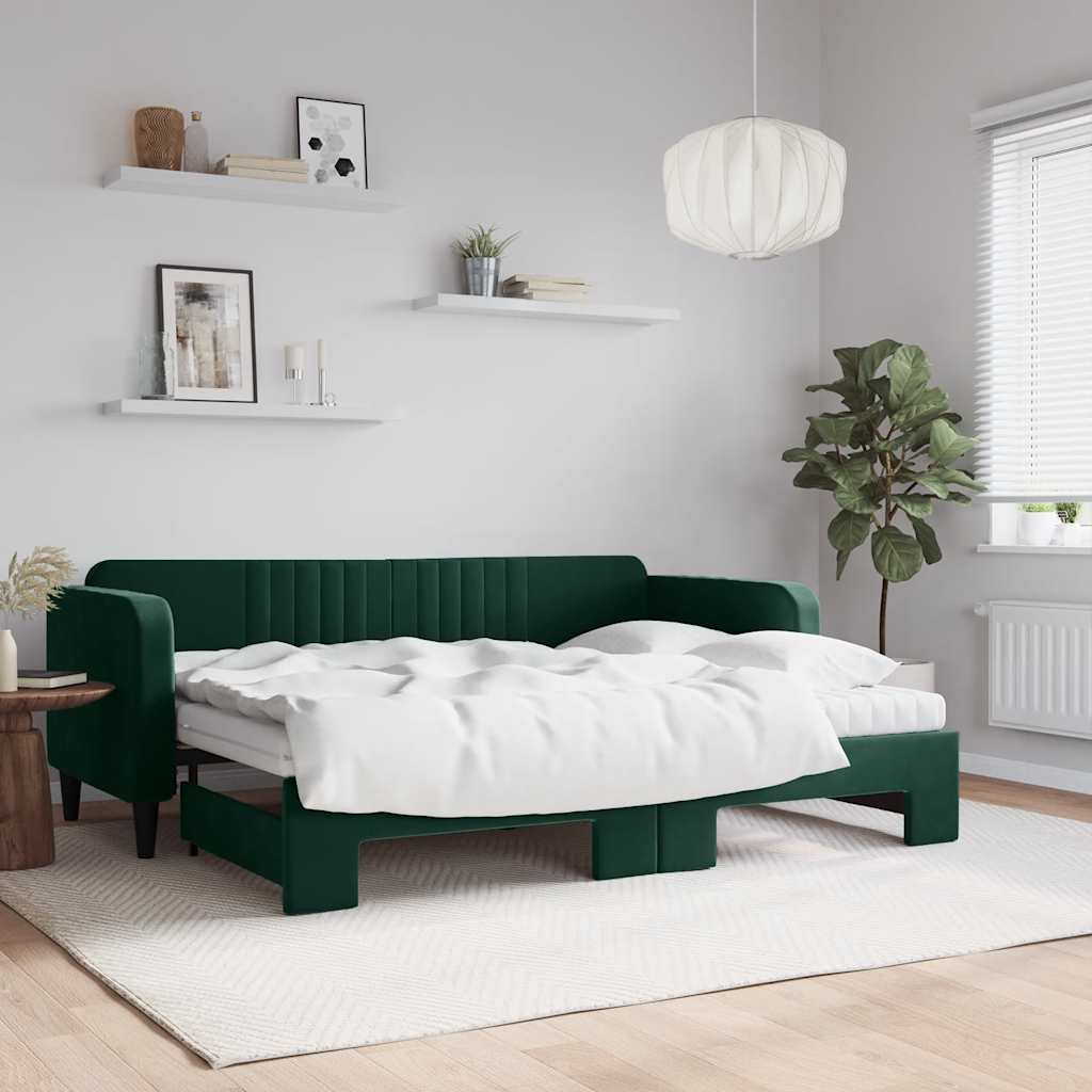 vidaXL Sofa rozsuwana z materacami, ciemnozielona, 80x200 cm, aksamit