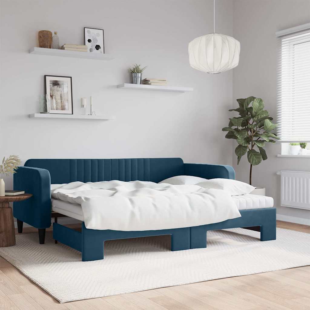 vidaXL Sofa rozsuwana z materacami, niebieska, 90x200 cm, aksamit