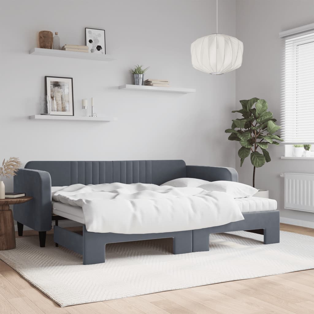 vidaXL Sofa rozsuwana z materacami, ciemnoszara, 90x200 cm, aksamit