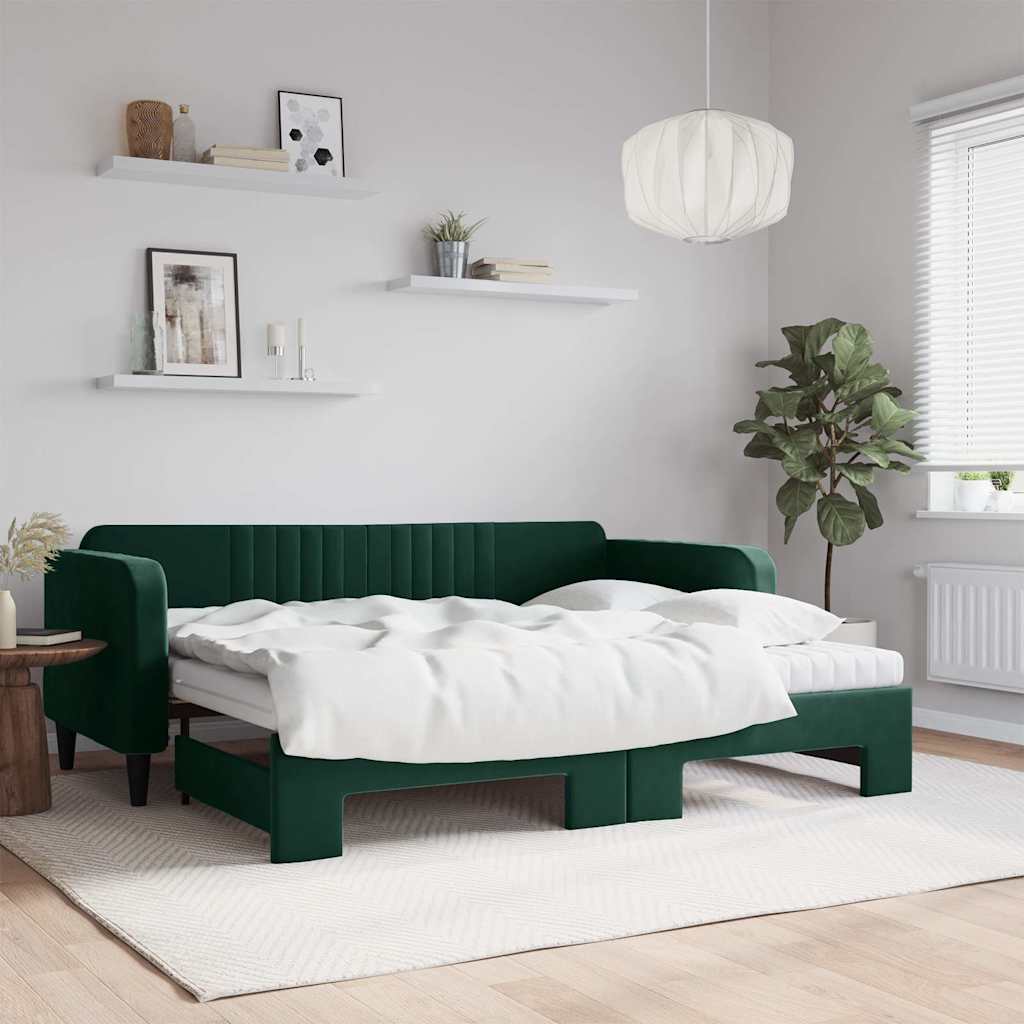 vidaXL Sofa rozsuwana z materacami, ciemnozielona, 90x200 cm, aksamit
