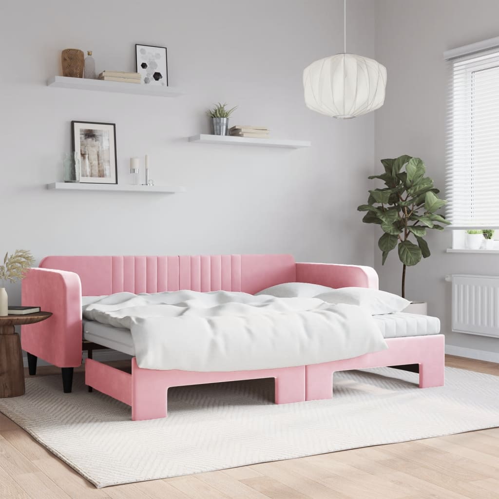 vidaXL Sofa rozsuwana z materacami, różowa, 90x200 cm, aksamit