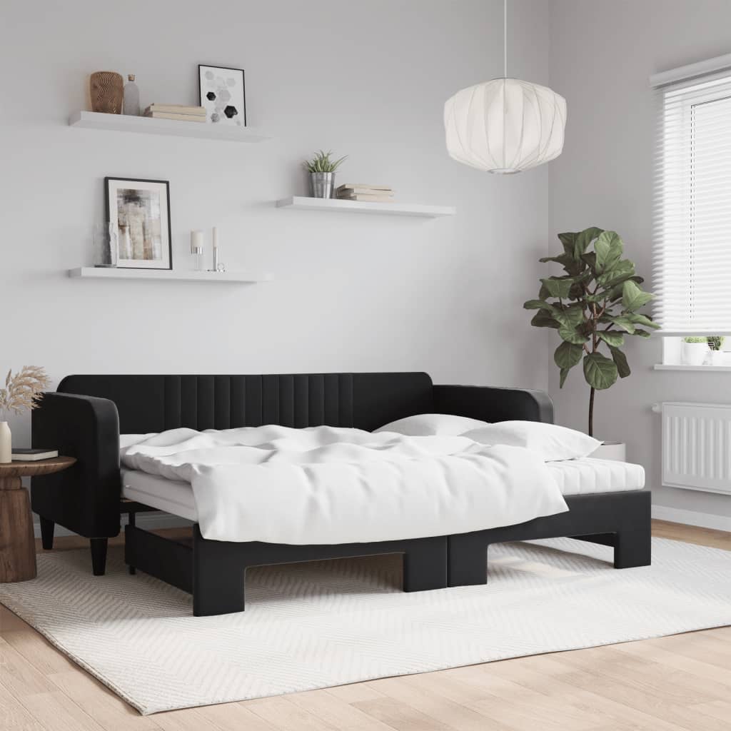 vidaXL Sofa rozsuwana z materacami, czarna, 90x200 cm, aksamit