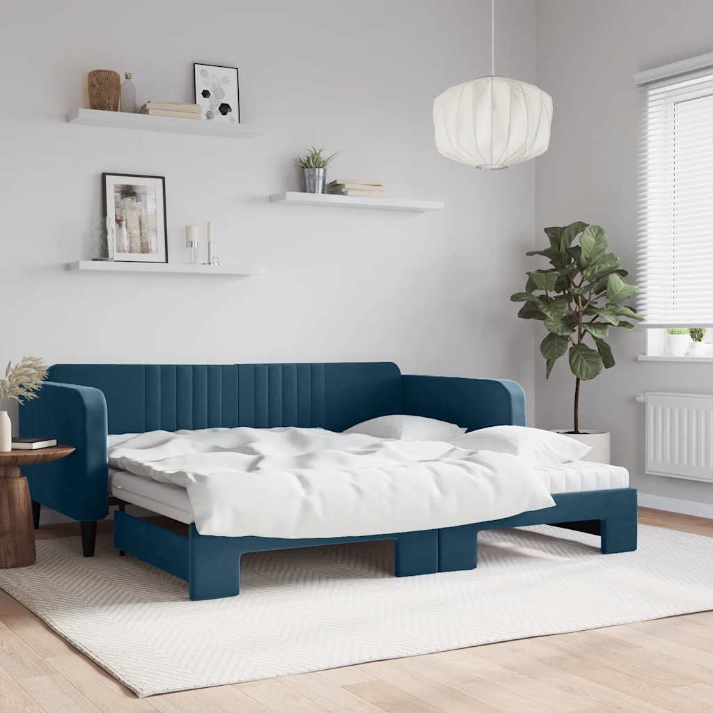 vidaXL Sofa rozsuwana z materacami, niebieska, 100x200 cm, aksamit