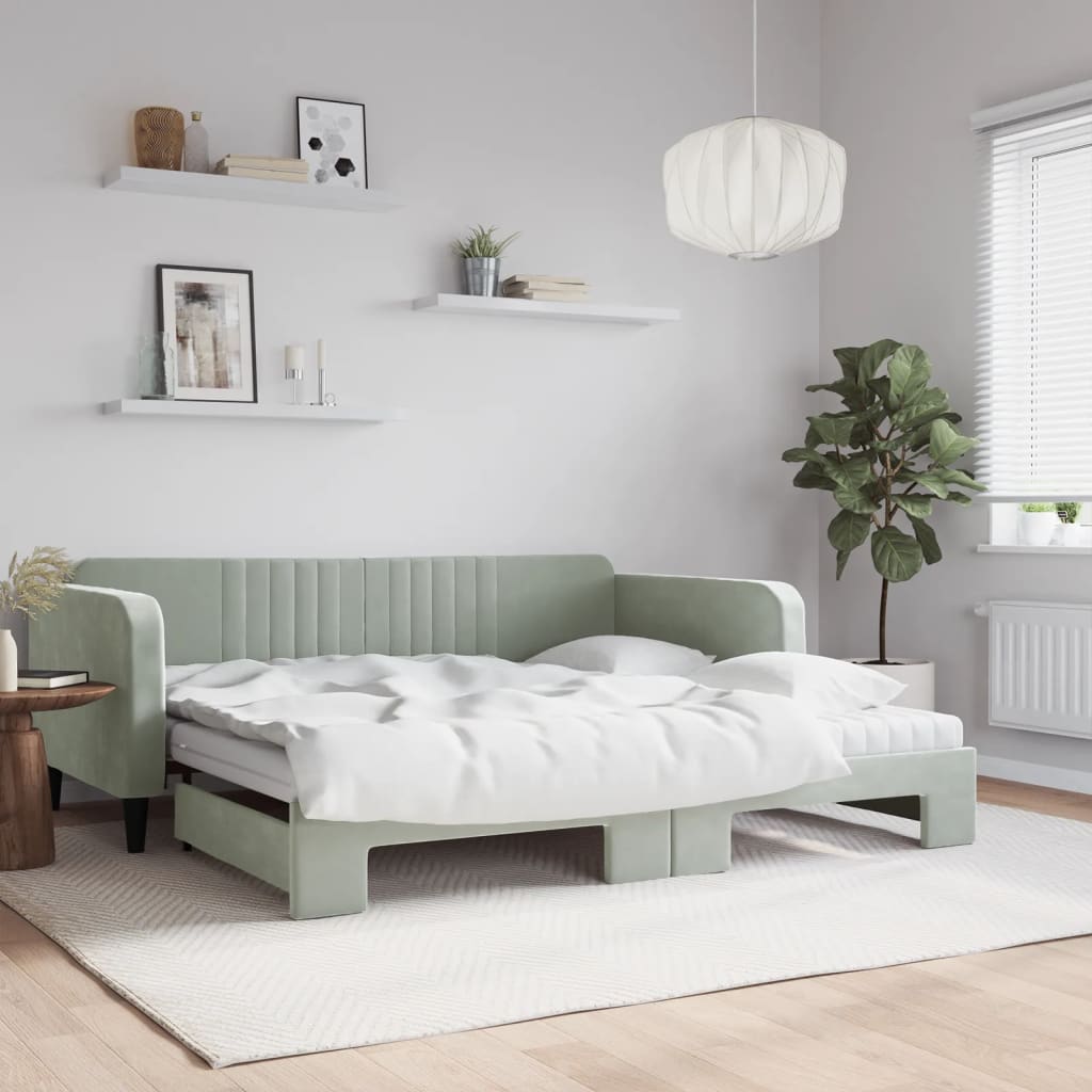 vidaXL Sofa rozsuwana z materacami, jasnoszara, 100x200 cm, aksamit
