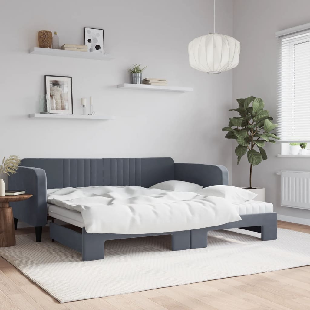 vidaXL Sofa rozsuwana z materacami, ciemnoszara, 100x200 cm, aksamit