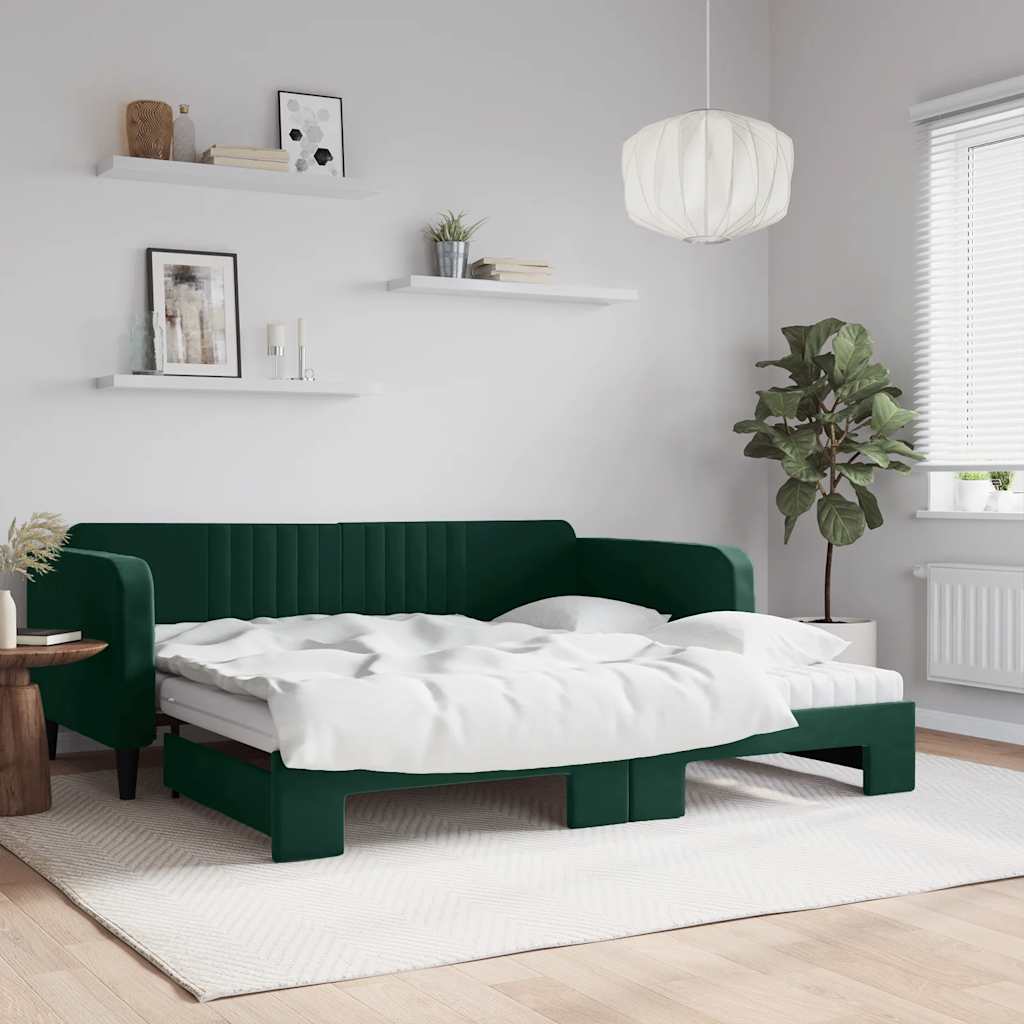 vidaXL Sofa rozsuwana z materacami, ciemnozielona, 100x200 cm, aksamit