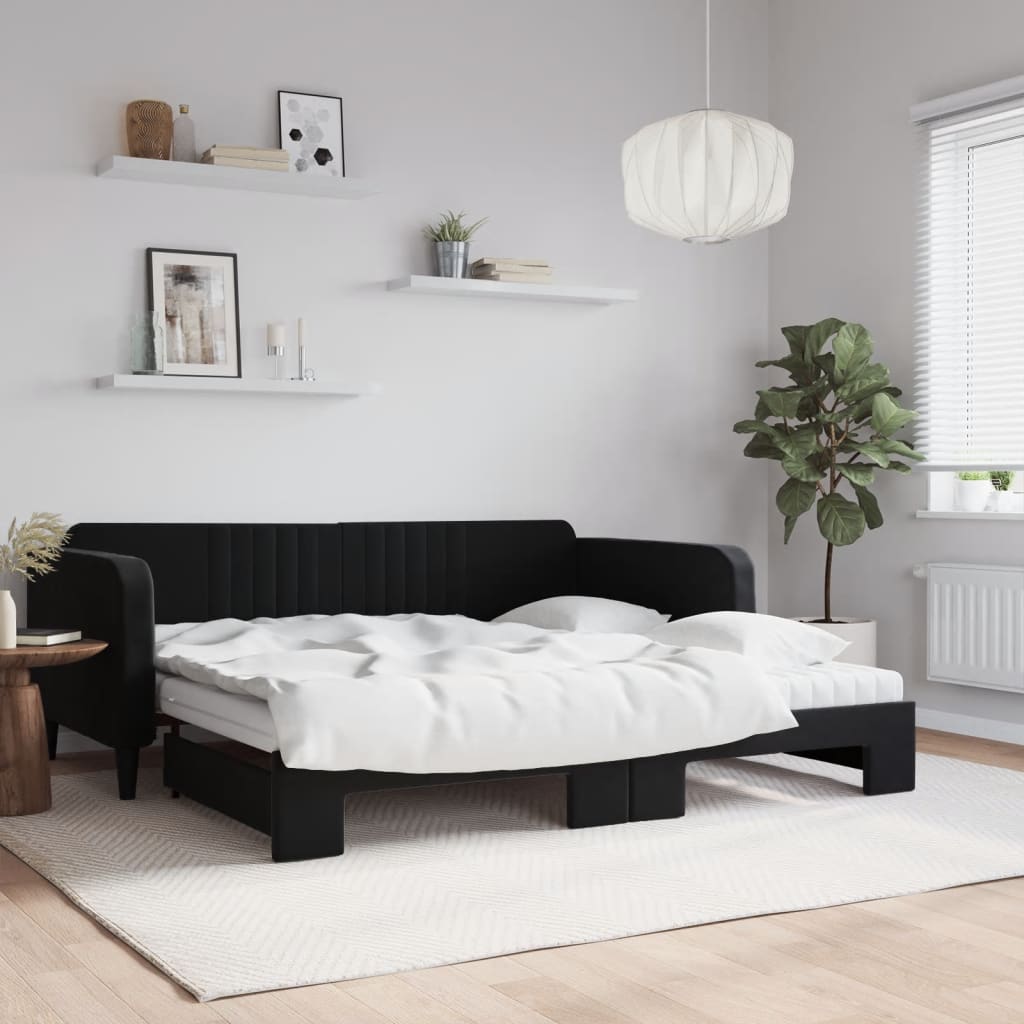 vidaXL Sofa rozsuwana z materacami, czarna, 100x200 cm, aksamit