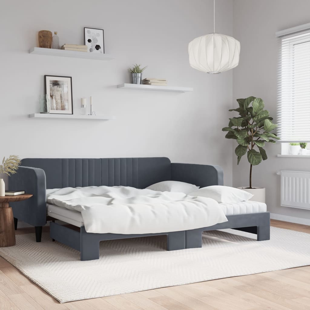 vidaXL Sofa rozsuwana z materacami, ciemnoszara, 90x190 cm, aksamit