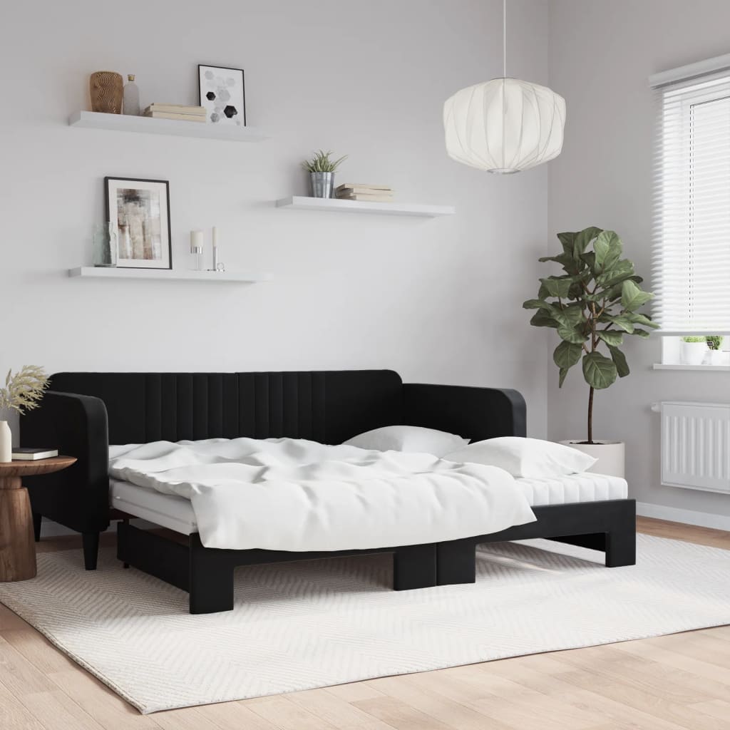 vidaXL Sofa rozsuwana z materacami, czarna, 90x190 cm, aksamit