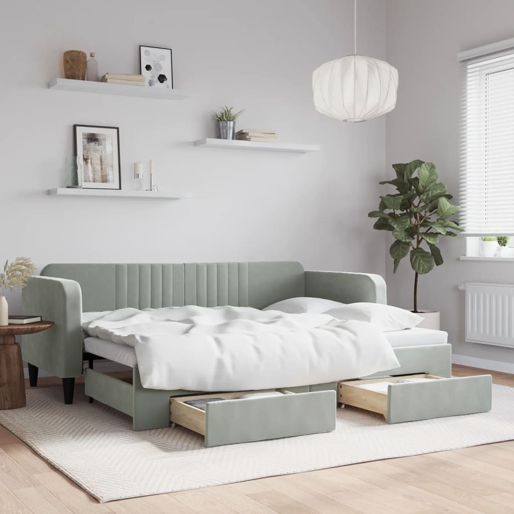 vidaXL Sofa rozsuwana z szufladami, jasnoszara, 80x200 cm, aksamit