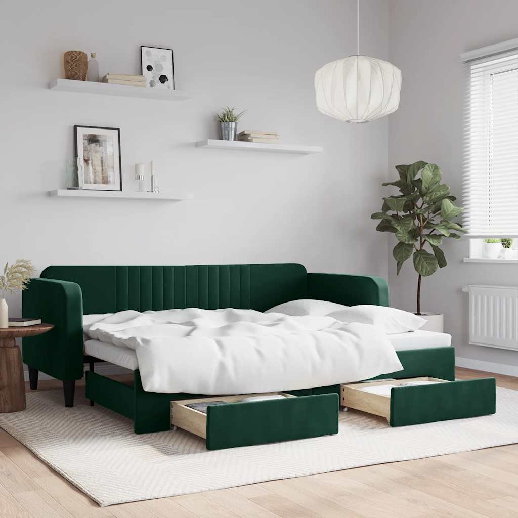 vidaXL Sofa rozsuwana z szufladami, ciemnozielona, 80x200 cm, aksamit