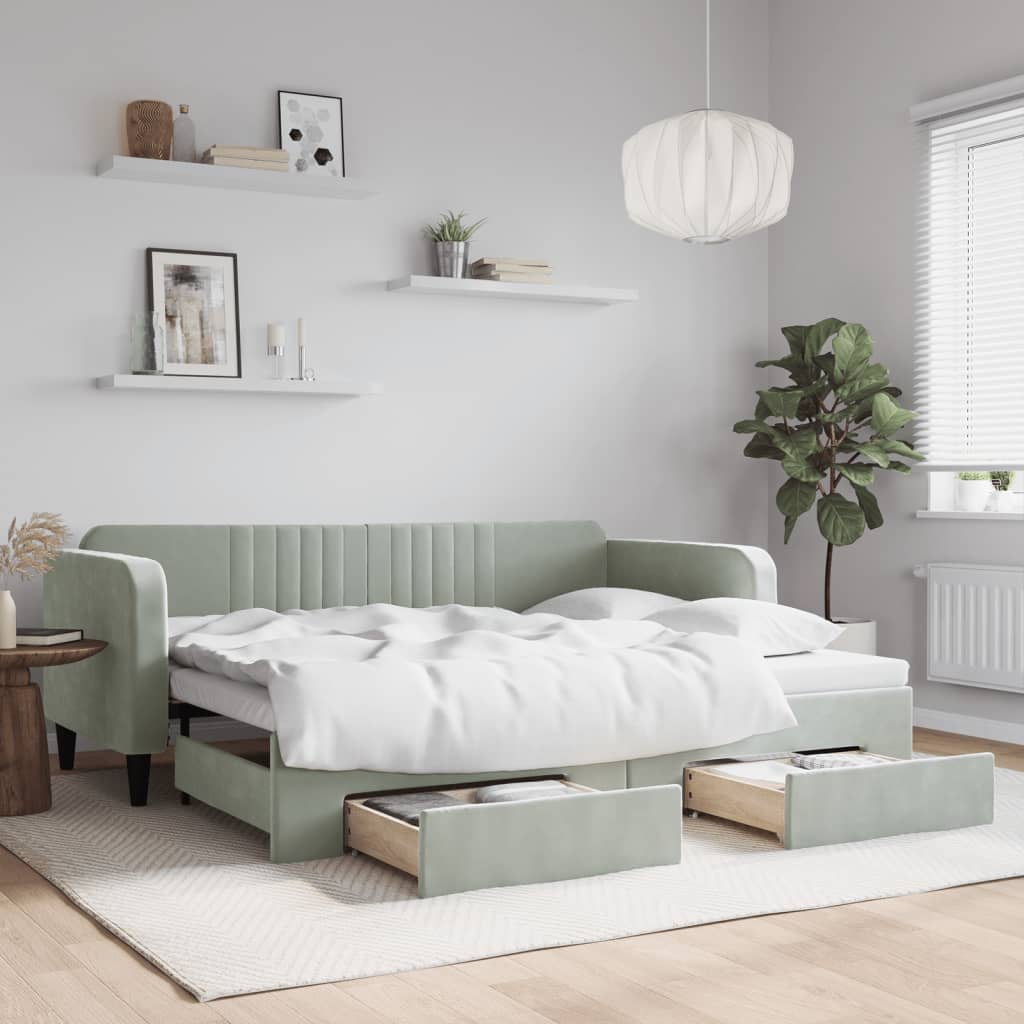 vidaXL Sofa rozsuwana z szufladami, jasnoszara, 90x200 cm, aksamit